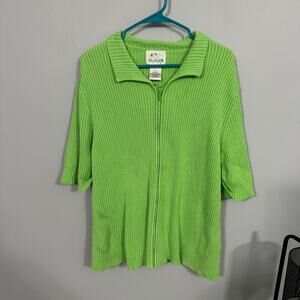 Vintage The Quacker Factory Bright Green Ribbed Full Zip Sweater Plus Size 2X